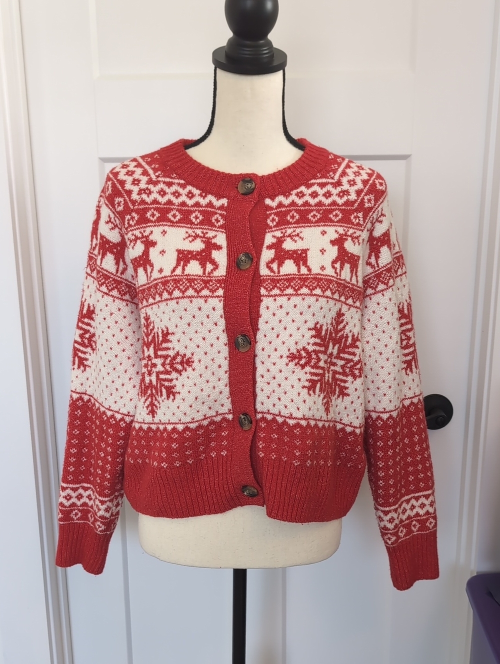 Red and White Fair Isle Reindeer Cardigan Sweater